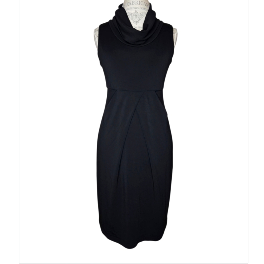 Lafayette 148 New York Cowl Neck Black Knit Fitted Waist Sheath Dress Size 8